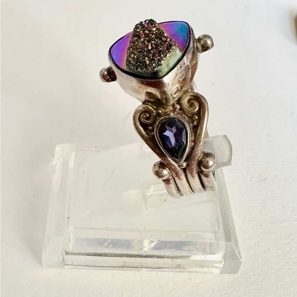 Druzy tanzanite ring adjustable gorgeous estate sterling silver - Picture 12 of 14